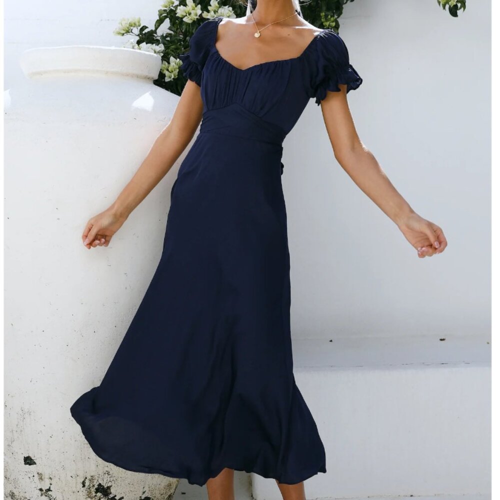 HELLO MOLLY (NWT) Sky Child Ruched Puff Sleeve Maxi Dress Navy, Size XS/2